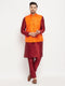 Vastramay Men's Orange Matka Silk Nehru Jacket With Maroon Silk Blend Kurta and Pant style Pyjama Set